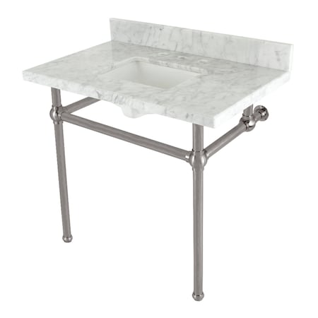Kingston Brass 36 Console Sink with Brass Legs 8Inch, 3 Hole, Marble WhiteBrushed Nickel KVBH3622M8SQ8